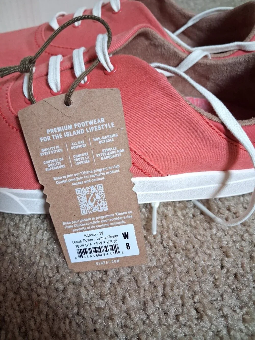 NWT OLUKAI Women's Kohu Lehua Flower (Coral) Lace-Up Sneakers sz US 8